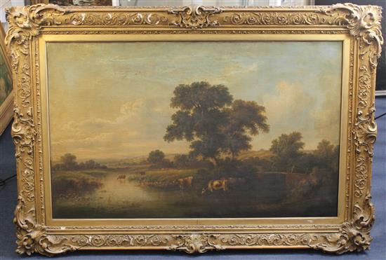 Lionel Bicknell Constable (1828-1887) Extensive landscape with cattle watering, 26 x 42in.